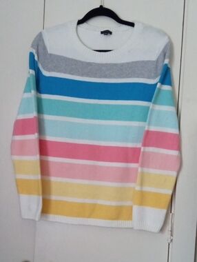 Talbots Women’s Crewneck Cotton Blend Sweater White, Blue, Aqua, Pink & Yellow M